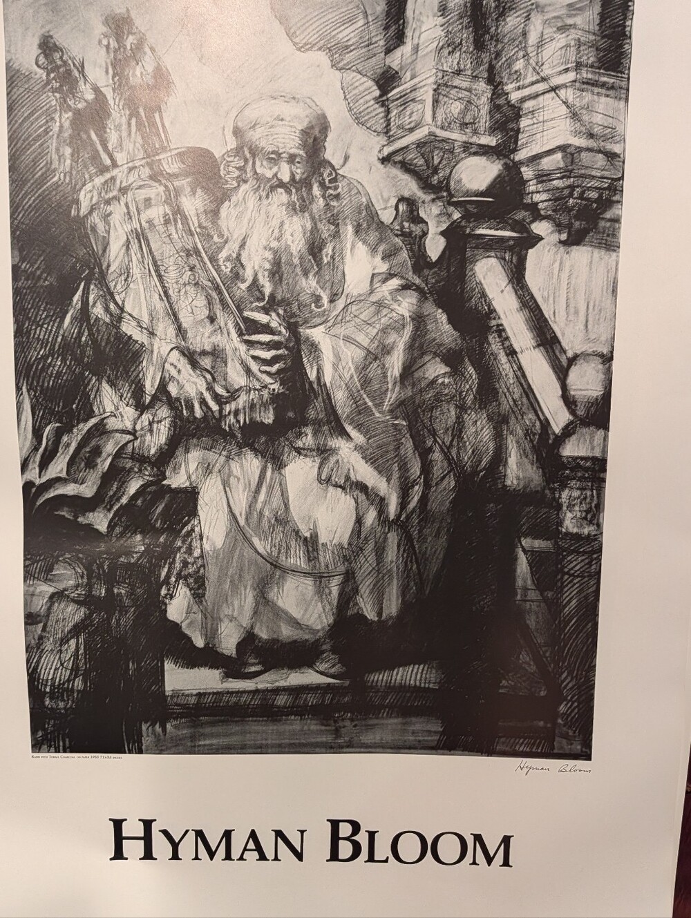 Black & White Art Print Of Rabbi With Torah In Synagogue By Hyman Bloom.